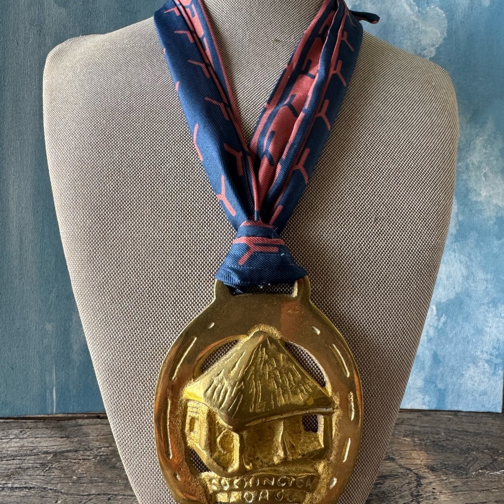 Gold-Tone Decorative Medal Pendant on Blue & Coral Ribbon